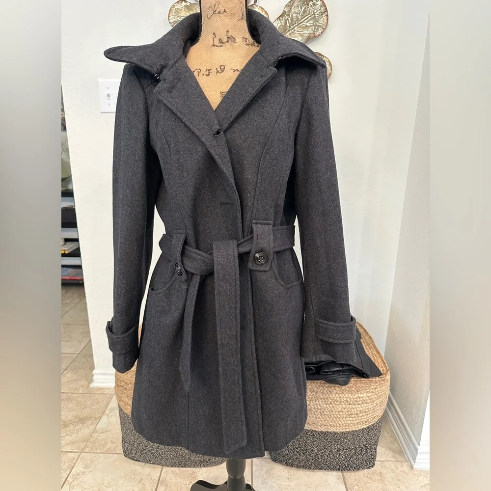 Liz Claiborne Dark Gray Wool Blend Hooded Coat Trench Jacket XL - Picture 3 of 8